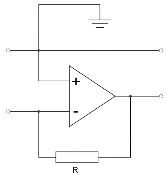 Schaltkreis des Transimpedanzverstärkers. Zu beachten ist, dass hier der Anschluss der Betriebsspannung des Operationsverstärkers nicht eingezeichnet ist.